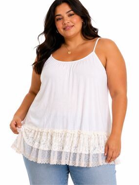 PAISLEY VINE White Lace Ruffle Hem Cami Tunic Tank Top Cottagecore 2XL